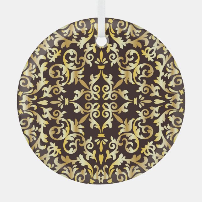 Golden Baroque Black Seamless Pattern Glass Ornament (Front)