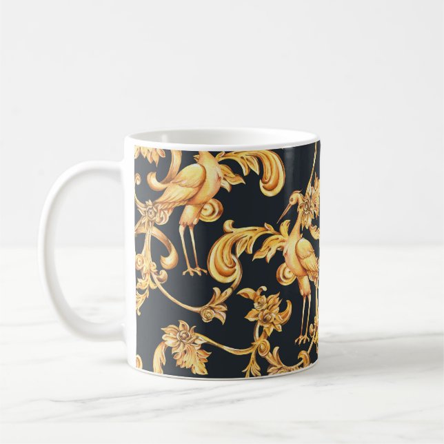 Golden baroque cranes: rococo ornament. coffee mug (Left)