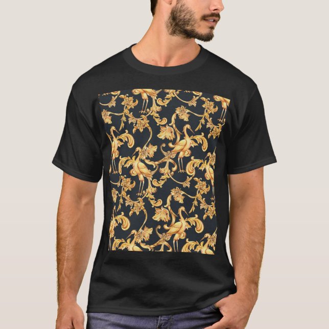 Golden baroque cranes: rococo ornament. T-Shirt (Front)