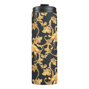 Golden baroque cranes: rococo ornament. thermal tumbler