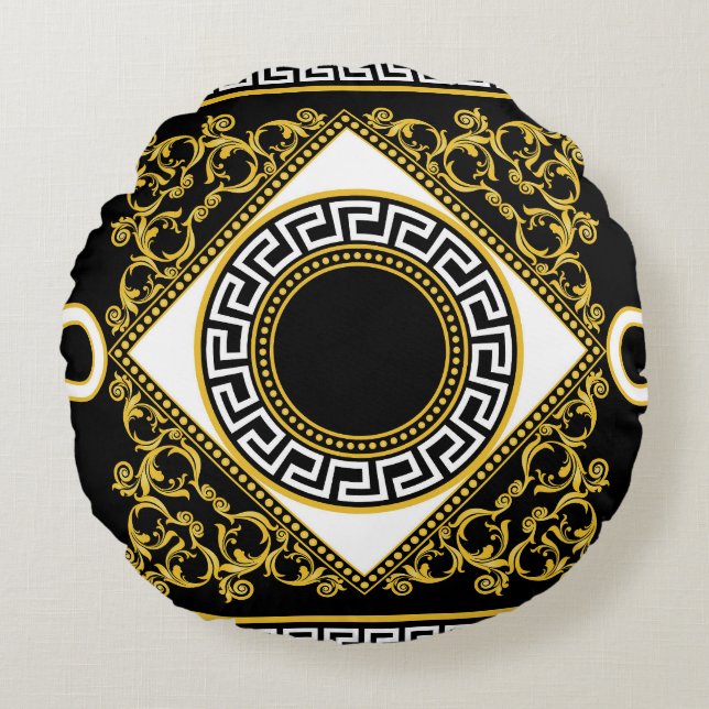 Golden Baroque: Greek Black Border Round Pillow (Front)