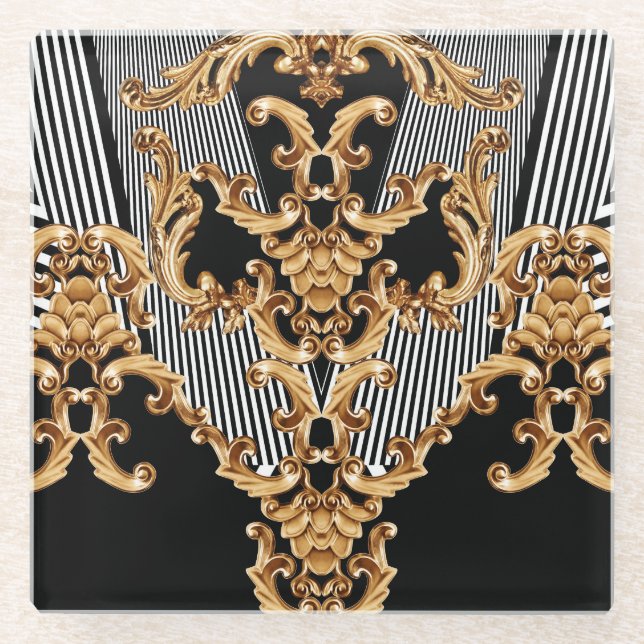 Golden baroque, intricate ornament design. glass coaster (Front)