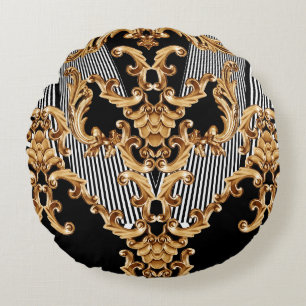 Golden baroque, intricate ornament design. round pillow