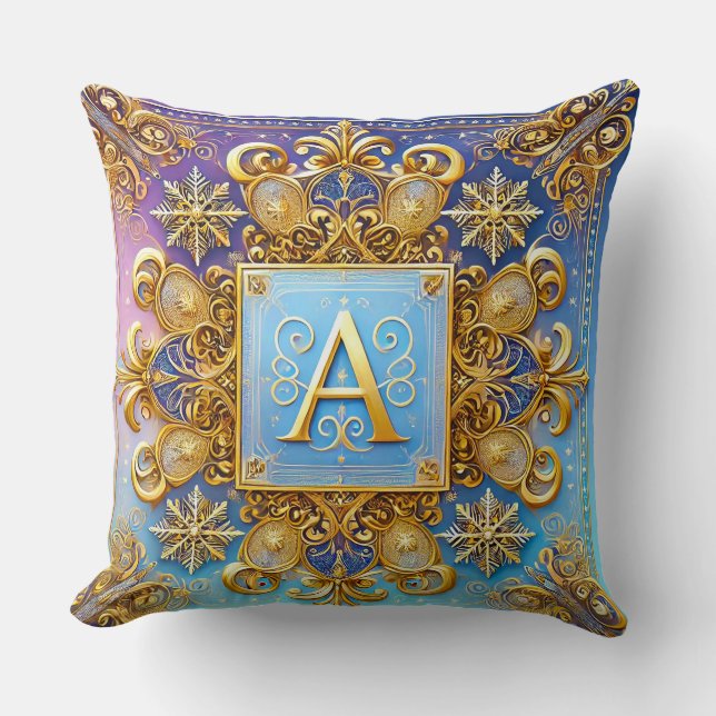 Golden Baroque Letter A Blue Monogram Elegance ✨ Throw Pillow (Front)