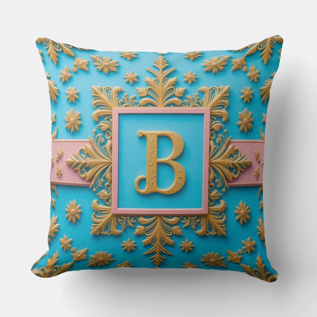 Golden Baroque Letter B Blue Monogram Elegance ✨ Throw Pillow (Front)