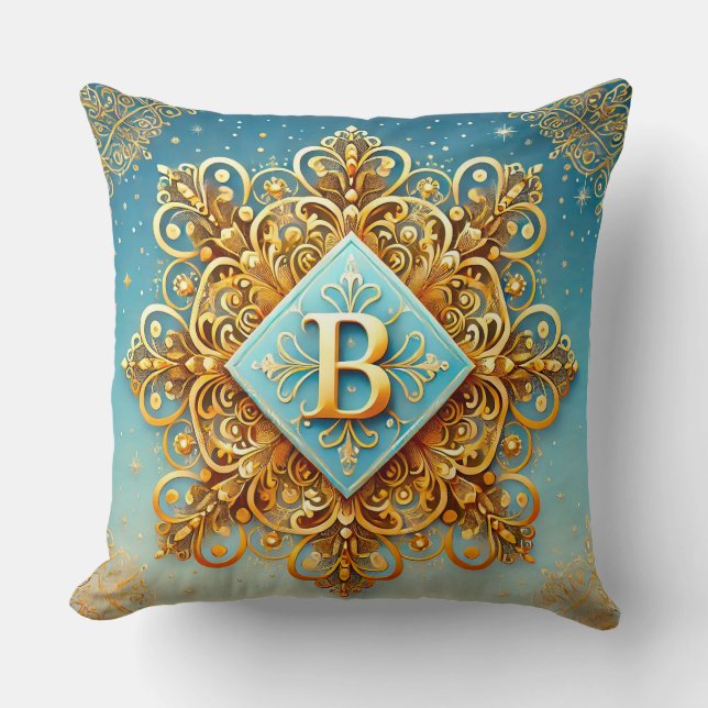 Golden Baroque Letter B Blue Monogram Style ✨ Throw Pillow (Front)