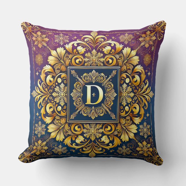 Golden Baroque Letter D Blue Monogram Elegance ✨ Throw Pillow (Front)