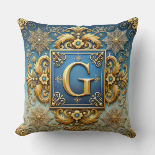Golden Baroque Letter G Blue Monogram Style ✨ Throw Pillow