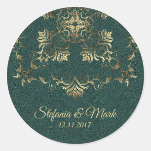 Golden Baroque on green background. Classic Round Sticker