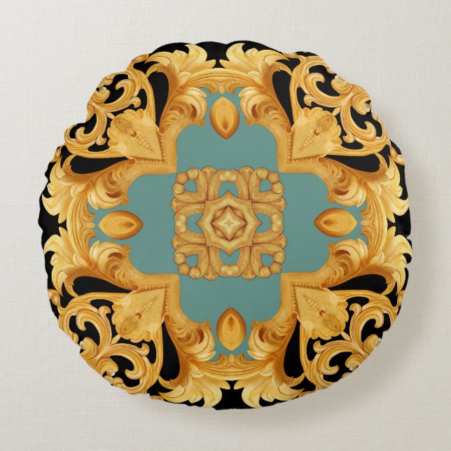 Golden Baroque Ornament 3D Elements Round Pillow (Front)
