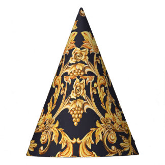 Golden Baroque, Scroll Leaves Pattern. Party Hat