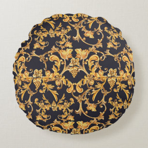 Golden Baroque, Scroll Leaves Pattern. Round Pillow