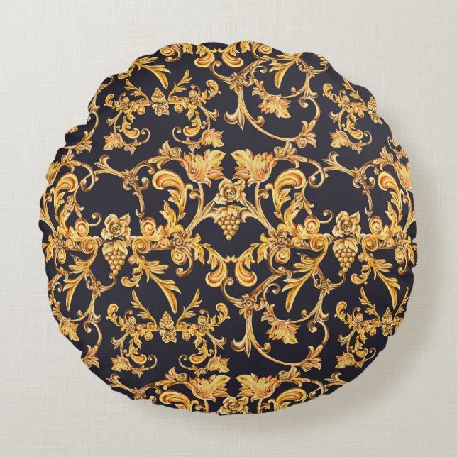 Golden Baroque, Scroll Leaves Pattern. Round Pillow (Front)
