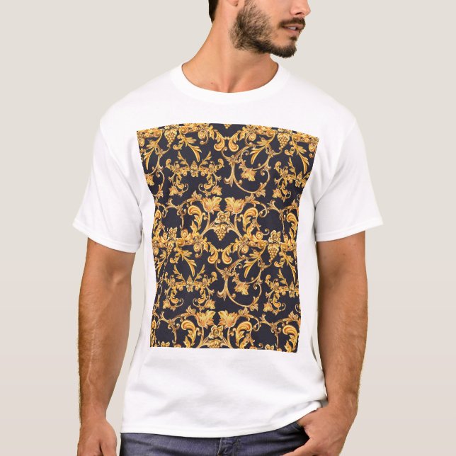 Golden Baroque, Scroll Leaves Pattern. T-Shirt (Front)