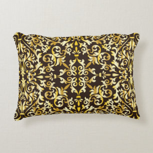 Golden baroque seamless pattern on black backgroun accent pillow