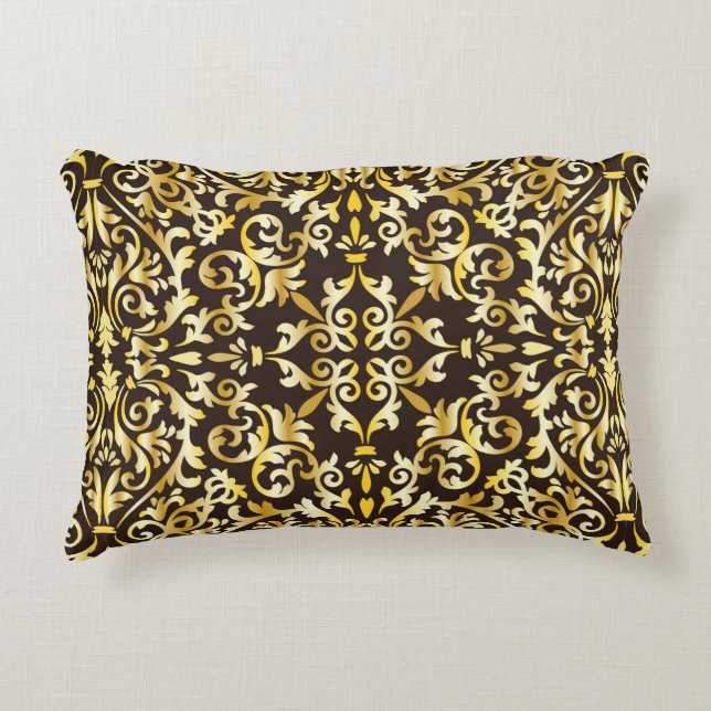 Golden baroque seamless pattern on black backgroun accent pillow (Front)