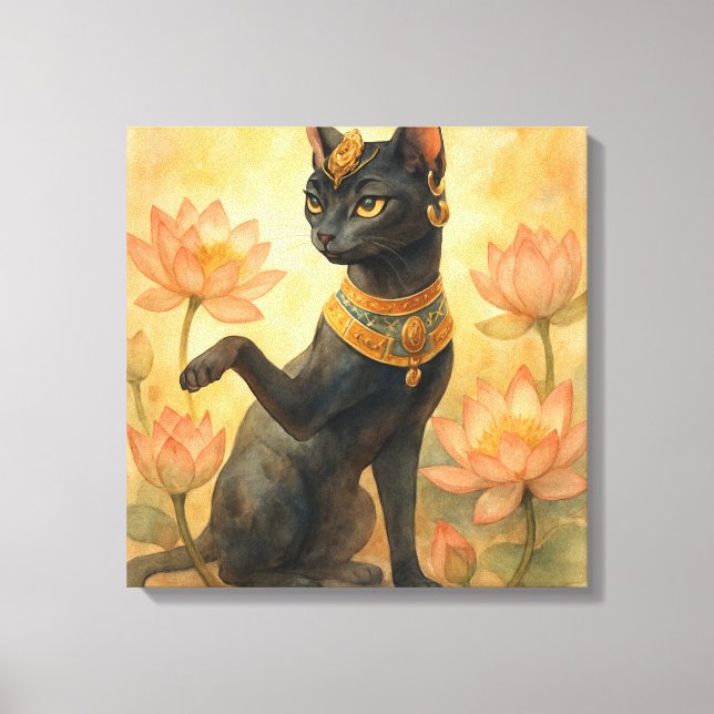Golden Bastet Cat Goddess Lotus Sanctuary Canvas Print (Front)