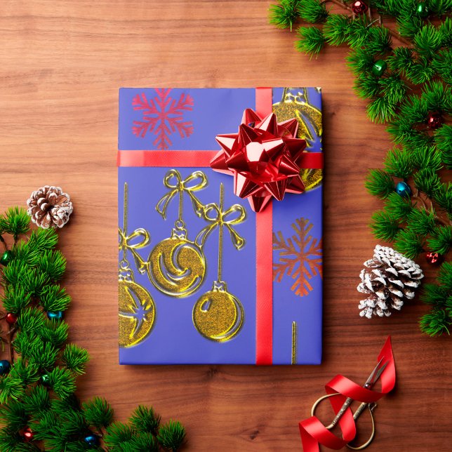 Golden Baubles and Snowflakes Blue Christmas Wrapping Paper (Creator Uploaded)