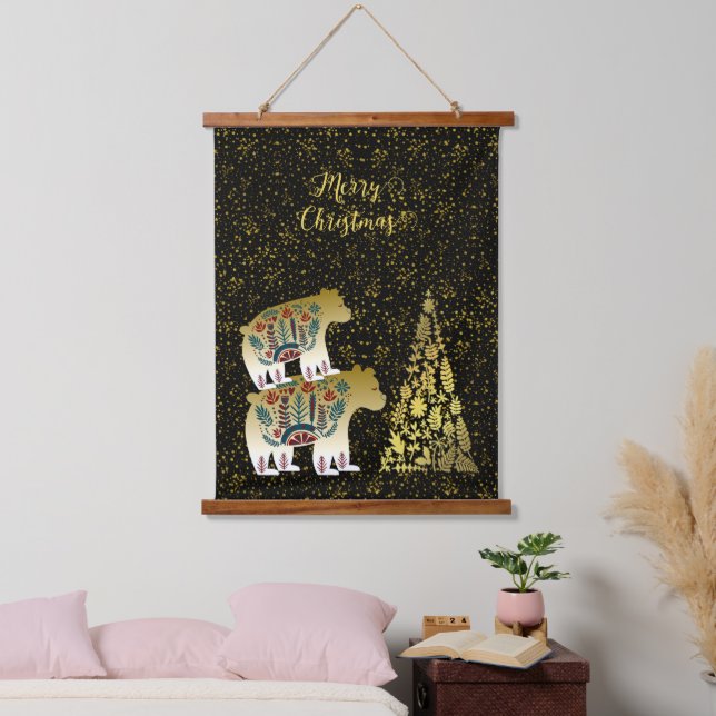 Golden Bear Merry Christmas Tree Nordic Wall Decor Hanging Tapestry (Bedroom)