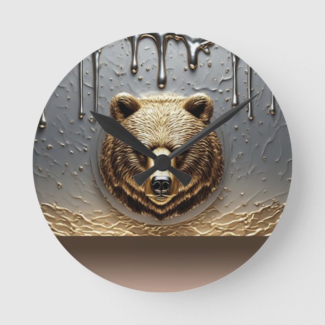 Golden Bear Relief With Metal Drip Effect 🐻 Round Clock (Front)