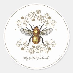 Golden Bee And Rose Floral Laurel Classic Round Sticker