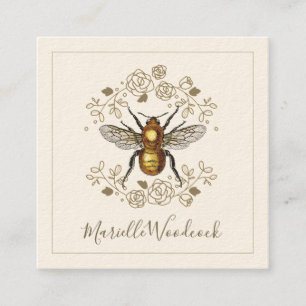 Golden Bee And Rose Floral Laurel Cream Square Business Card