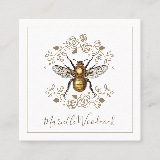 Golden Bee And Rose Floral Laurel Square Business Card (Front)