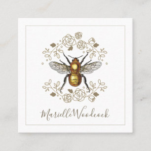 Golden Bee And Rose Floral Laurel White Square Business Card