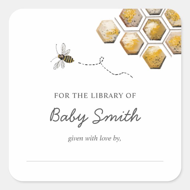 Golden Bee Baby Shower Bookplate Square Sticker (Front)
