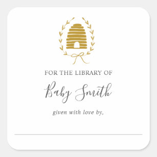 Golden Bee Baby Shower Library Bookplate Square Sticker