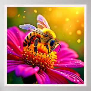 Golden Bee Flower Magic Light Design Poster