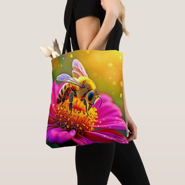 Golden Bee Flower Magic Light Design Tote Bag (Close Up)