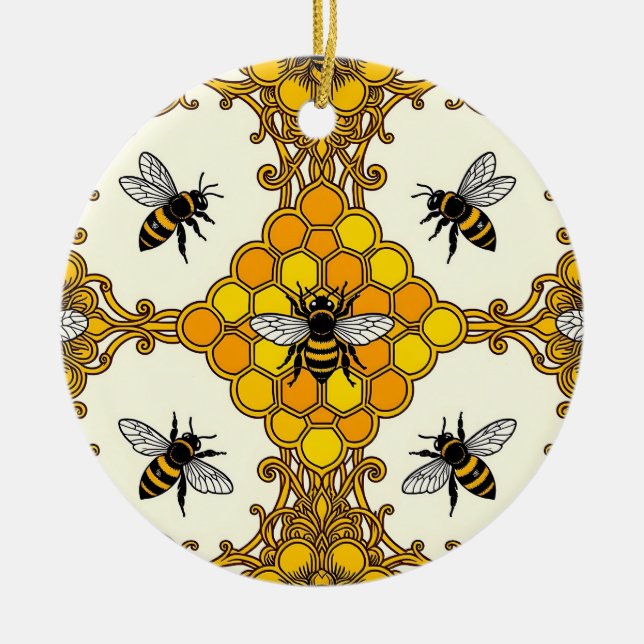 Golden Bee Honeycomb Pattern Ceramic Ornament (Front)