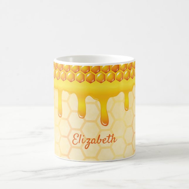 Golden bee honeycomb pattern honey dripping name coffee mug (Center)