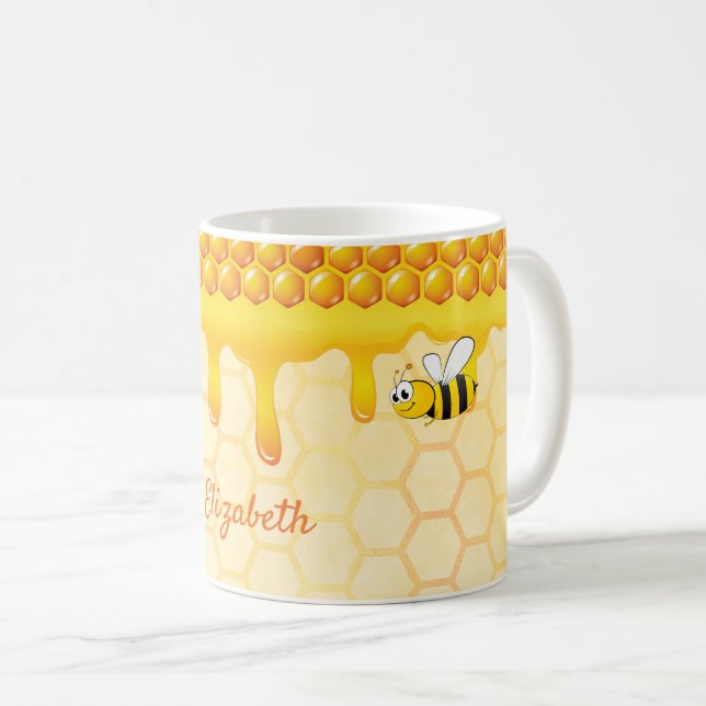 Golden bee honeycomb pattern honey dripping name coffee mug (Front Right)