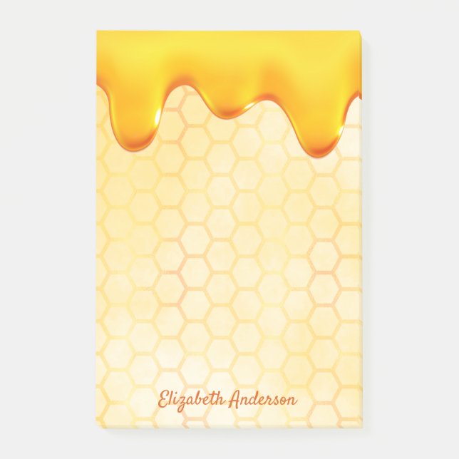 Golden bee honeycomb pattern honey dripping name post-it notes (Front)
