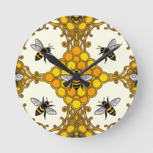 Golden Bee Honeycomb Pattern Round Clock