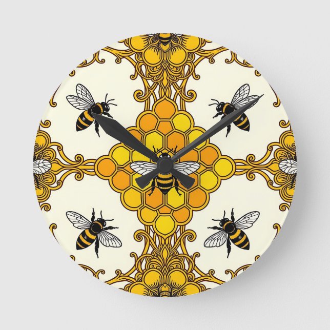 Golden Bee Honeycomb Pattern Round Clock (Front)