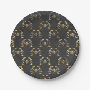 Golden Bee On Black Party Paper Plate