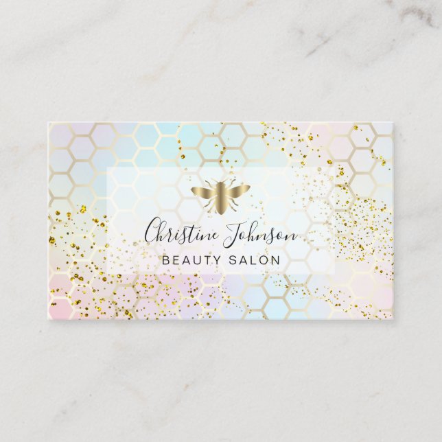 golden bee on FAUX glitter pastel colours honeycom Business Card (Front)