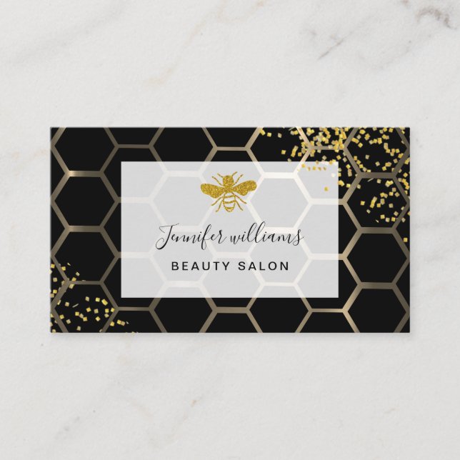 golden bee on FAUX gold sparkles Beehive black Business Card (Front)