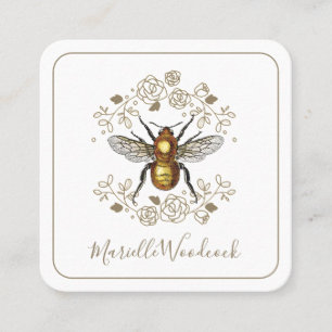 Golden Bee Rose Floral Laurel Square Business Card