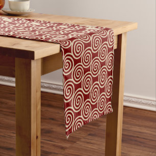 Golden Beige Abstract Spiral Circles on Maroon Short Table Runner