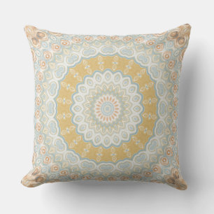 Golden Beige and Blue Mandala Pattern Design Throw Pillow