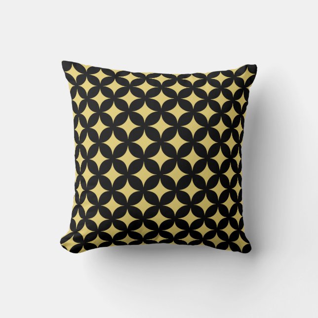 Golden Beige Four-Pointed Star Pattern on Black Throw Pillow (Front)