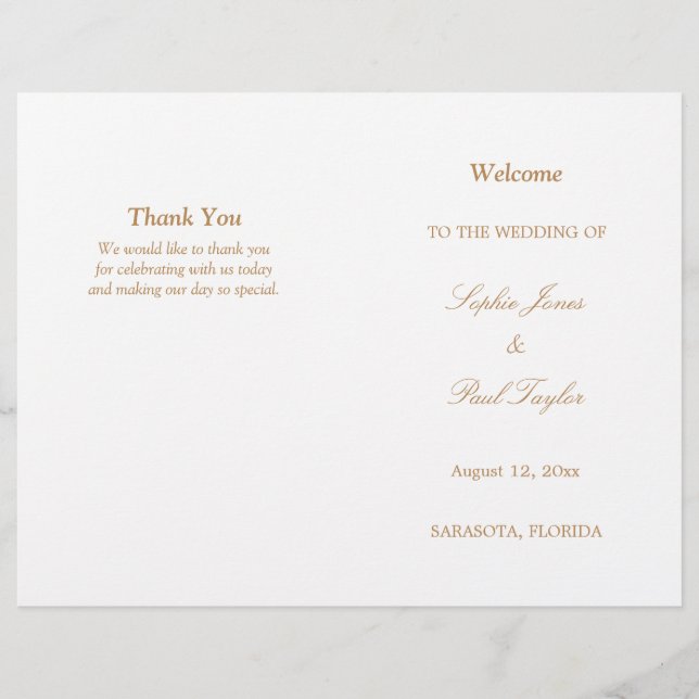 Golden Beige Script Bi-Fold Wedding Programme (Devant)