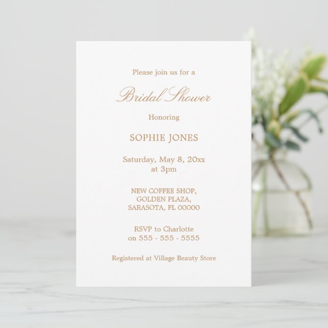 Golden Beige Script Bridal Shower Invitation (Standing Front)