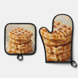 Golden Belgian Waffles Syrup Oil Painting Oven Mitt & Pot Holder Set
