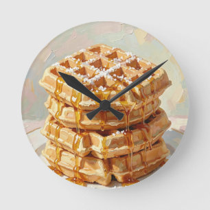 Golden Belgian Waffles Syrup Oil Painting Round Clock