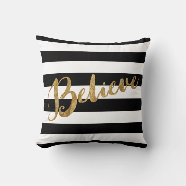 Golden Believe Stripes Throw Pillow (Front)